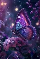 purple butterfly sitting on top of a purple flower. . photo