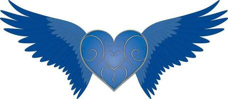 Blue glowing winged heart with silver pattern on surface vector illustration