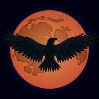 Flying black raven in a moonlight of the red full moon vector illustration