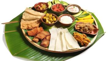 Kerala festival Happy Onam background with traditional food served on banana leaf. . photo