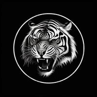 Tiger head face logo or icon in white on black background. International Tiger Day. . photo