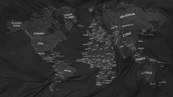 mundo mapa con todas países nombre bandera sin costura bucle fondo, serpenteado bache textura paño ondulación lento movimiento, 3d representación video