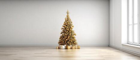 Christmas and New Year background. Pile gift box realistic 3d christmas tree. . photo