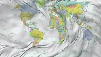 wereld kaart met allemaal landen naam vlag naadloos looping achtergrond, lusvormige buil structuur kleding golvend langzaam beweging, 3d renderen video