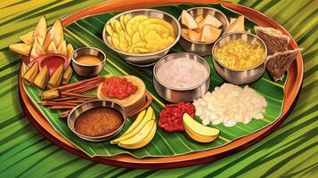 kerala festival contento onam antecedentes con tradicional comida servido en plátano hoja. ai generado. foto