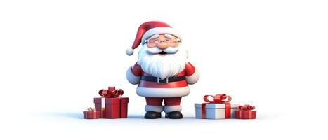 Christmas and New Year background. Pile gift box realistic 3d santa claus. . photo