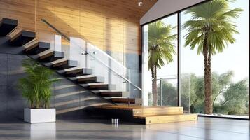 Interior of modern staircase design, elegant L shape wood cantilever stairs, granite base. . photo