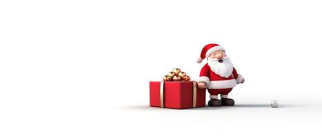 Christmas and New Year background. Pile gift box realistic 3d santa claus. . photo