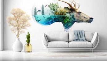 New Year 2024 Futuristic Technology themed wallpaper in a white specious living room. . photo