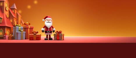 Christmas and New Year background. Pile gift box realistic 3d santa claus. . photo