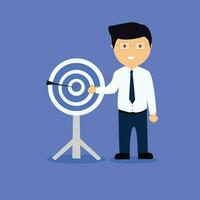 Business objective, purpose or target, goal and resolution to aim for success, aspiration and motivation to achieve goal concept, confident businessman stand with arrow hit bullseye on archery target. vector