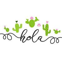 Text Hello in Spanish Hand drawn cute green cactus with pink hearts Printable background Summer home decor Cacti Greeting card template banner label logo poster sign print symbol Vector illustration.