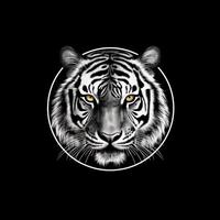 Tiger head face logo or icon in white on black background. International Tiger Day. . photo