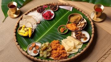 Kerala festival Happy Onam background with traditional food served on banana leaf. . photo