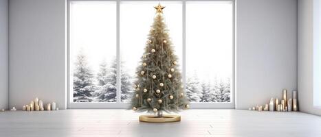 Christmas and New Year background. Pile gift box realistic 3d christmas tree. . photo