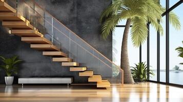 Interior of modern staircase design, elegant L shape wood cantilever stairs, granite base. . photo