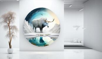 New Year 2024 Futuristic Technology themed wallpaper in a white specious living room. . photo