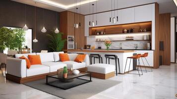 Interior of modern living room and kitchen with comfortable sofam and coffee table. . photo