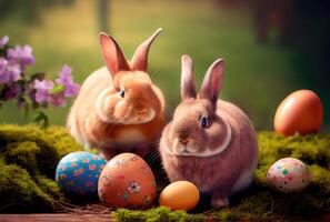 Rabbits family in the nest with many colorful Easter eggs for Happy Easter Day Greeting card background. Animal and pet concept. Generative AI photo