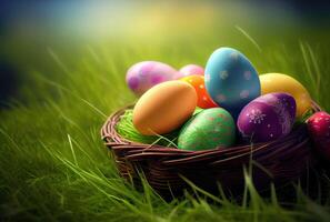 pintado Pascua de Resurrección huevos en el cesta a prado césped campo antecedentes. fiesta y festival concepto. generativo ai foto