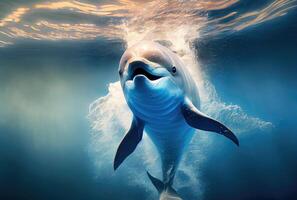 Happy dolphin swimming in the aquarium or sea background. Marine life and animal concept. Digital art illustration. photo