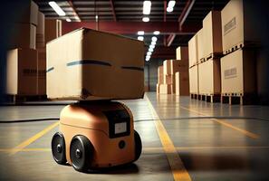 Robot AGV transporting cardboard box in warehouse background. Technology innovation and delivery concept. photo