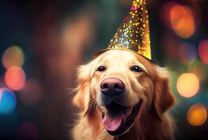 Closeup of portrait happy Golden Retriever dog wearing party hat for celebration with bokeh background. Animal and pet concept. photo