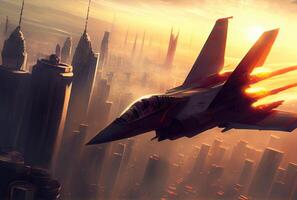 Fighter planes fly over the big city. Defensive military and world war concept. photo