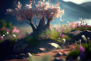 Spring landscape with environment background. Beauty in Nature and springtime concept. Digital art illustration. photo