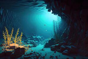 Deep sea and aquatic life with sunshine background. Marine life and undersea concept. photo