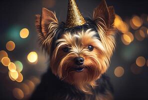 contento Yorkshire terrier vistiendo fiesta sombrero para celebracion con bokeh antecedentes. animal y mascota concepto. generativo ai foto