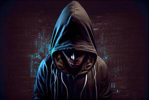 Hacker in the black hood in the server room. Unrecognizable people. Technology and Cybersecurity and Criminal concept. photo