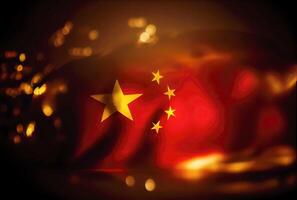 China flag with shiny bokeh light background. China flag in the dark with illumination light. National day concept. photo