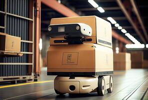 Robot AGV transporting cardboard box in warehouse background. Technology innovation and delivery concept. photo