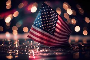 el unido estados de America Estados Unidos bandera con vistoso brillante bokeh ligero antecedentes. nación bandera en el oscuro con iluminación ligero. nacional día concepto. generativo ai foto