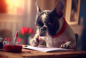 French Bulldog writing a love letter to the owner on a desk. Animal and pet concept. photo