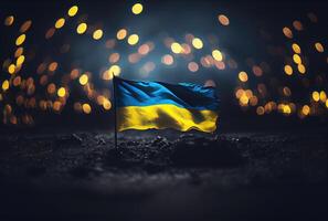 Ukraine flag with colorful shiny bokeh light background. Nation flag in the dark with illumination light. National day concept. photo