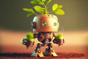 Little cute smart robot holding seedlings to plant a forest. environment conservation and technology concept. photo