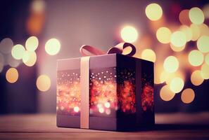 Celebrate gift box on the table with defocused bokeh light background. New year event and Christmas celebration concept. Generative AI photo