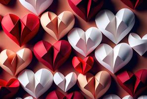 Papercut red and white hearts origami background. Love story and Valentines day wallpaper concept. photo