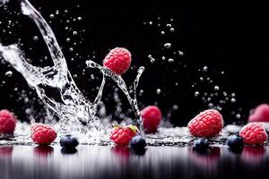 Mixed berries with water splash on isolated black background. Healthy food and fruits concept. Studio lighting. Generative AI photo