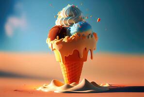 Melting ice cream cone with sweet toppings on minimal studio background. Summer food and fun concept. Digital art illustration theme. photo