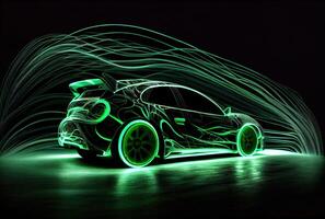 Modern car with green light trail as speed and energy power on black dark background. Transportation and innovation concept. photo