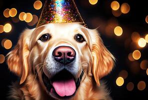 Closeup of portrait happy Golden Retriever dog wearing party hat for celebration with bokeh background. Animal and pet concept. photo