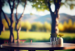 vacío mesa con borroso verde natural parque jardín o patio interior antecedentes. naturaleza y al aire libre concepto. generativo ai foto