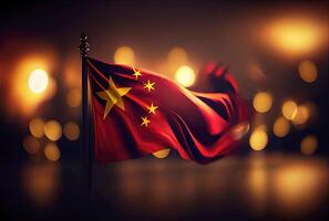 China flag with shiny bokeh light background. China flag in the dark with illumination light. National day concept. photo