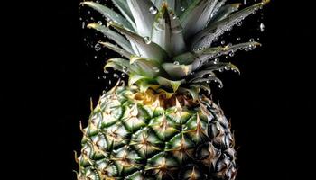 Close up of clean Pineapples with water drop in dark black background. Fresh fruit and Vegetable concept. Nutrition and vitamin theme. photo