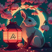 Rabbit with cherry blossom flowers and Chinese lantern style lighting in the night. Digital art. photo