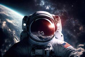 Portrait of astronaut with colorful galaxy in the space. Science and technology concept. Blue earth theme. photo