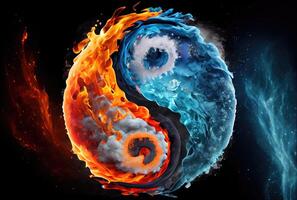 fuego y hielo clima en el yin y yang en oscuro antecedentes. resumen y contraste símbolo concepto. generativo ai foto